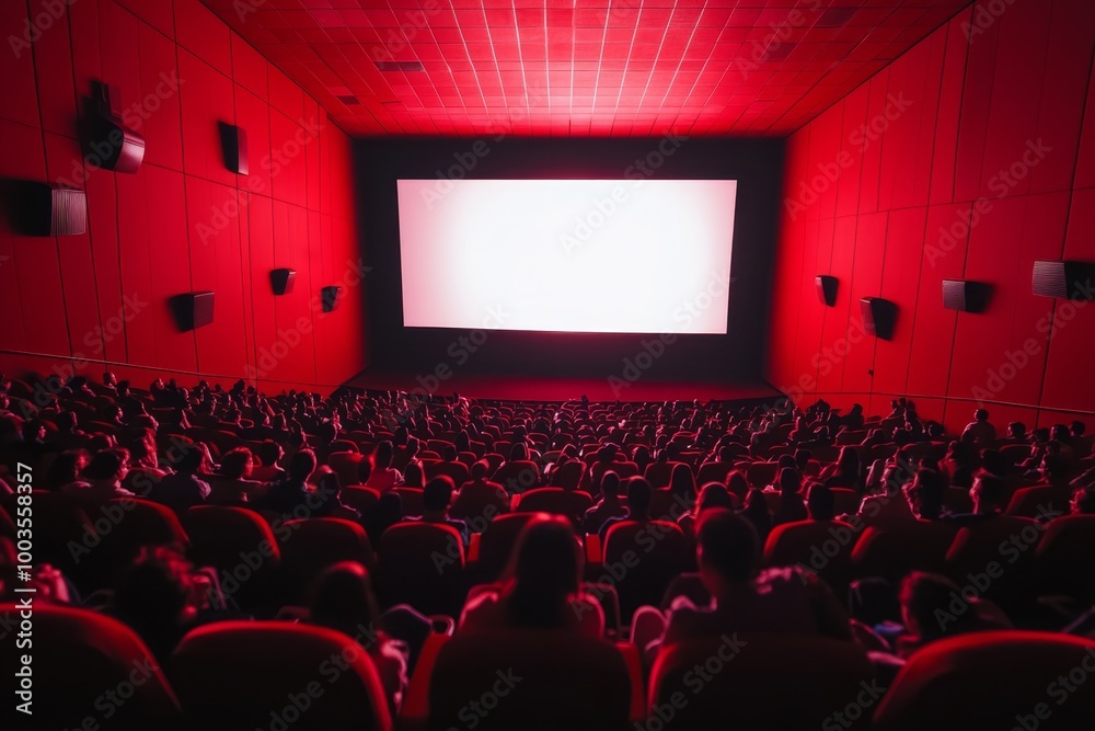 A dark movie theater with red seats and an empty screen. The seats are filled with people who are watching a movie. A dark movie theater with red seats and an empty screen. The seats are filled with people who are watching a movie.