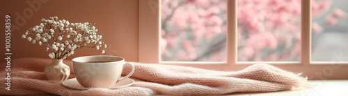 White cup with tea and white small flowers in a white vase on a knitted blanket on a light background with space for text, created with Generative AI technology photo