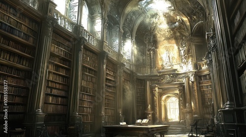 A grand library with high vaulted ceilings and an open doorway revealing a bright light.