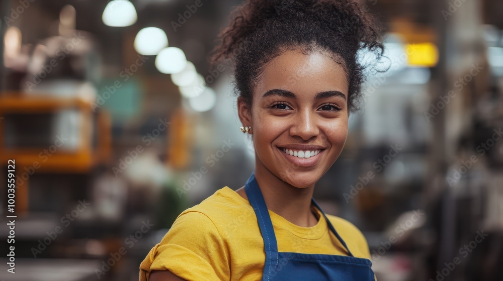 Naklejka premium young woman smiling at the camera, wearing a yellow shirt and blue apron, in a manufacturing setting