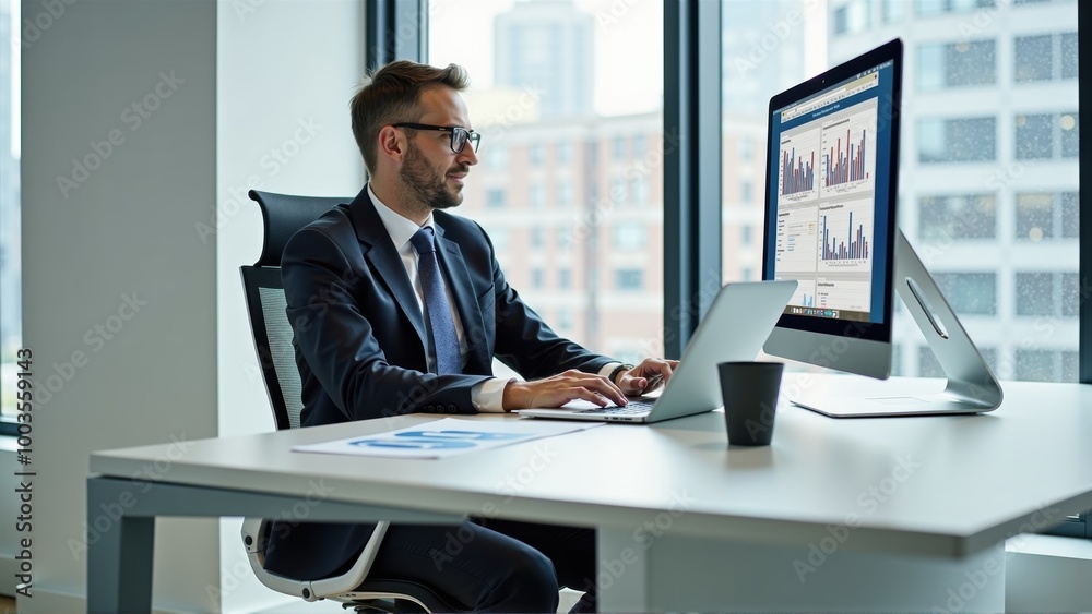 Modern Businessman Typing on Laptop in Office Modern Businessman Typing on Laptop in Office