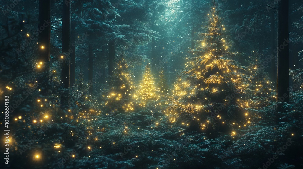 Enchanting winter wonderland: magical forest with christmas trees adorned with glowing lights in a serene snow-covered landscape Enchanting winter wonderland: magical forest with christmas trees adorned with glowing lights in a serene snow-covered landscape