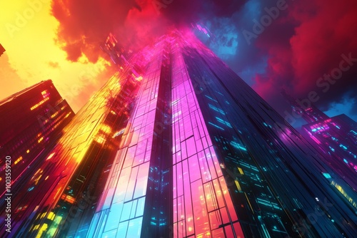 Wallpaper Mural Imaginative depiction of a synthwave skyscraper, showcasing bright colors and dynamic visual patterns. Torontodigital.ca