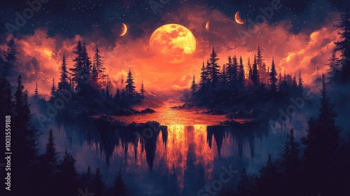 Floating Island Under Red Moon