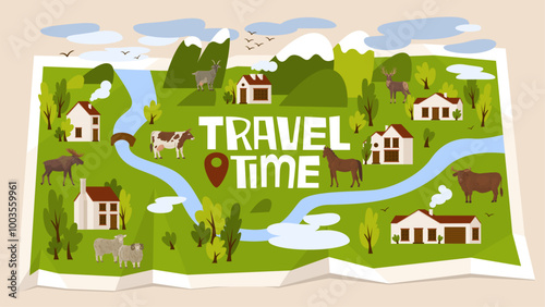 Set of country houses of low height with trees. Peaceful village life in your own house. Element for urban and rural landscape. Sale and rent of real estate. Vector illustration in cartoon style.