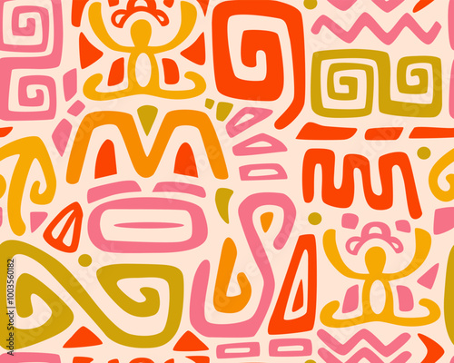 Tiki seamless pattern. Aztec textile print.Geometric, vector background. Suitable for printing on fabric and paper, for Hawaiian parties. 