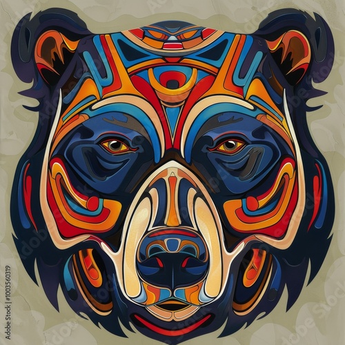 Male artist's depiction of a bear head with colorful tribal designs. photo