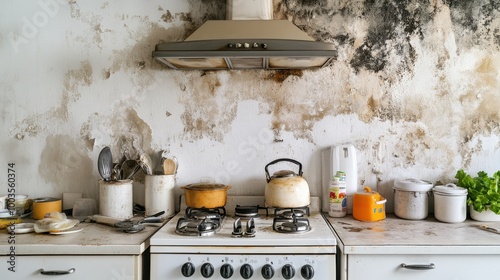 Mold growing behind the stove in a poorly ventilated kitchen, with instructions on how photo