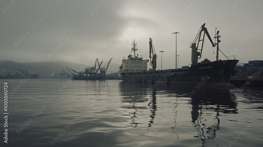 Large cargo ship docked at a port with cranes and containers, symbolizing a port strike, highlighting the scale of the port and the absence of activity. Large cargo ship docked at a port with cranes and containers, symbolizing a port strike, highlighting the scale of the port and the absence of activity.