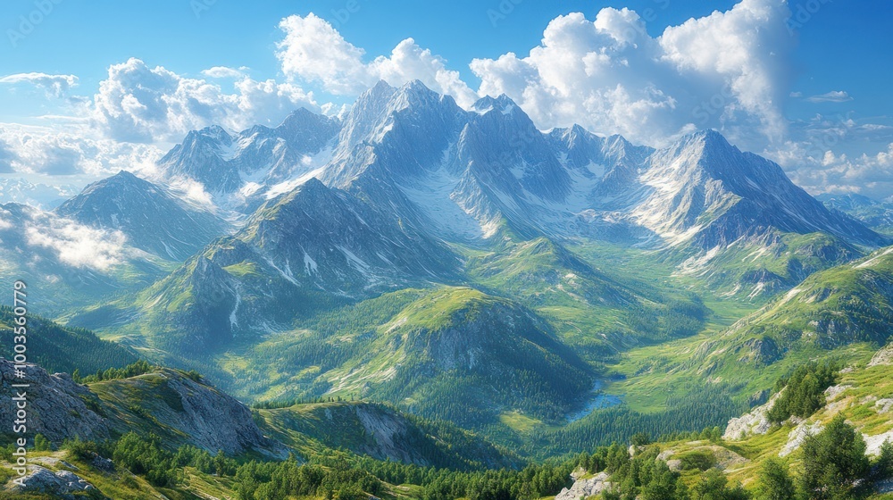 Fototapeta premium Majestic Mountain Range with Lush Greenery