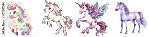 Colorful unicorn illustrations, white isolate background