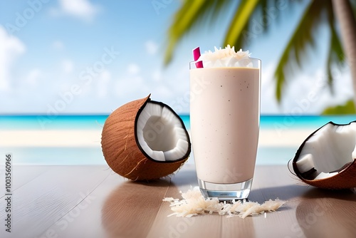 Tropical Flavor Fusion: Chilled Coconut Smoothie with a Slice of Fresh Coconut photo