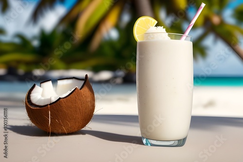 Coconut Indulgence: Refreshing Smoothie and Fresh Coconut by the Sea photo