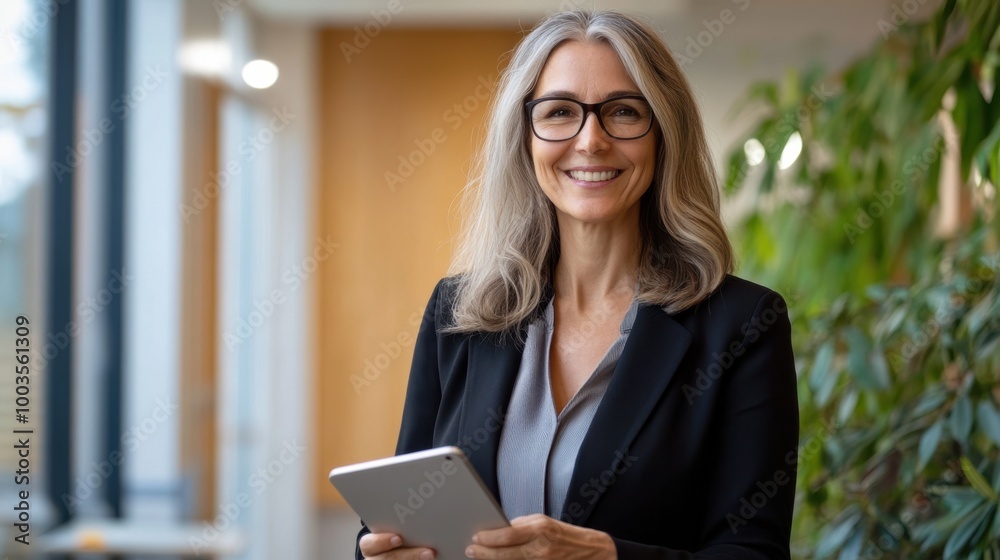 Portrait of a joyful HR manager, middle-aged woman, standing in an office with her tablet, Portrait of a joyful HR manager, middle-aged woman, standing in an office with her tablet,