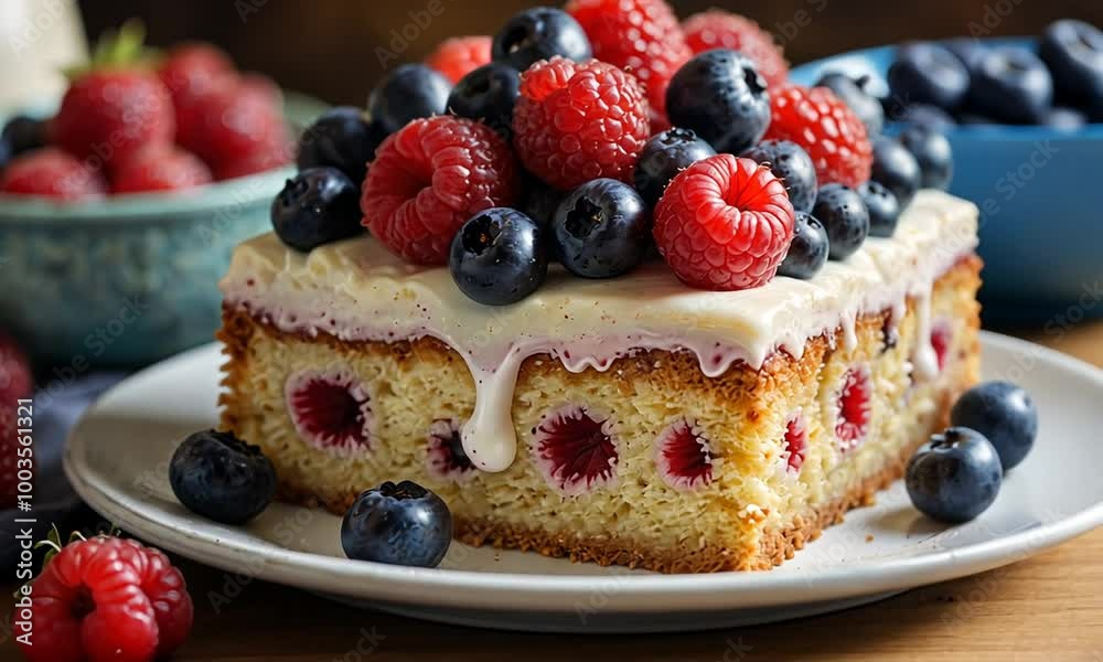 Sliced Raspberry Cake with icing and fresh berries for the holidays Sliced Raspberry Cake with icing and fresh berries for the holidays