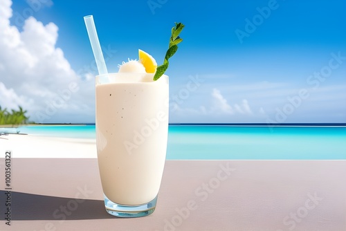 coconut milk cocktail on the beach | Savor the Tropics: Creamy Coconut Smoothie Set Against a Beach Paradise photo