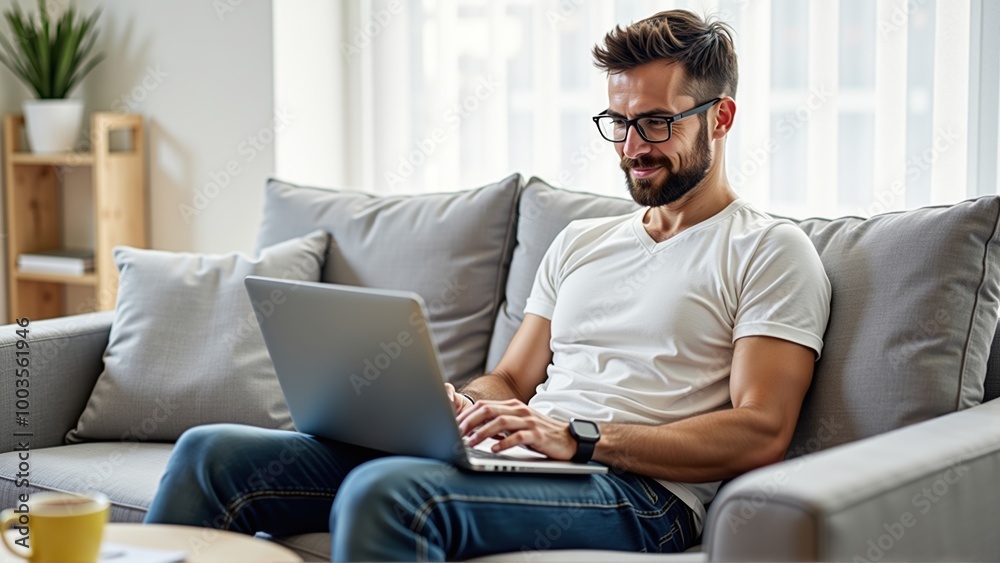 Man Sitting on Sofa Using Laptop for Remote Work Man Sitting on Sofa Using Laptop for Remote Work