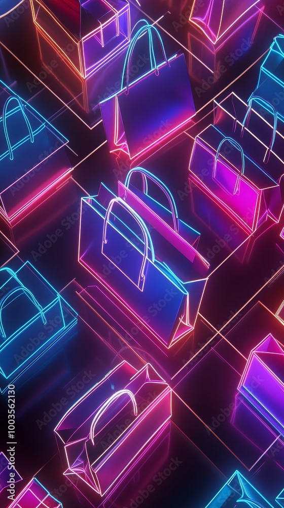 Obraz premium A neon image of bags with a bright blue bag in the middle