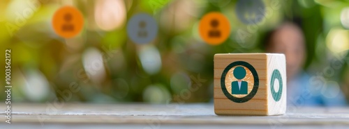 Customer relationship management concept. wooden block with target icon linked with human icons for customer focus group. Data exchanges development and customer service   photo