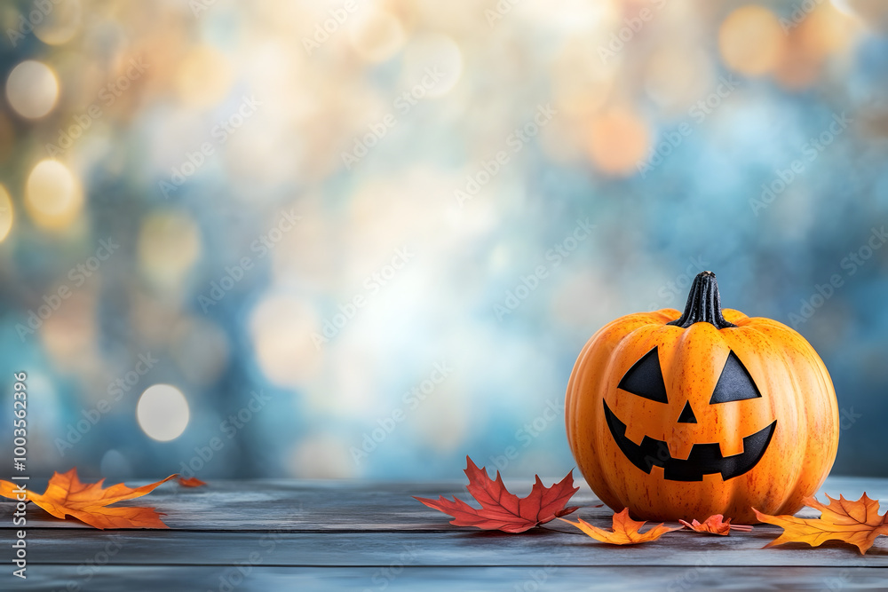 Naklejka premium Halloween pumpkin with fallen maple leaves on a table