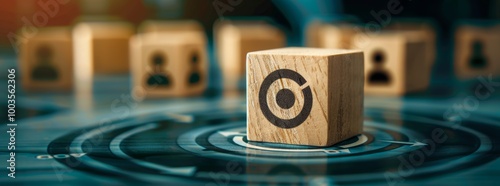 Customer relationship management concept. wooden block with target icon linked with human icons for customer focus group. Data exchanges development and customer service   photo