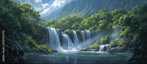 Painting of cascading waterfalls within a lush spring forest amid mountainous terrain
