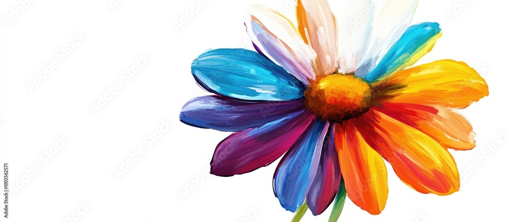 Colorful painting of a daisy flower with multi colored petals beautifully presented against a white background radiating joy and happiness Colorful painting of a daisy flower with multi colored petals beautifully presented against a white background radiating joy and happiness