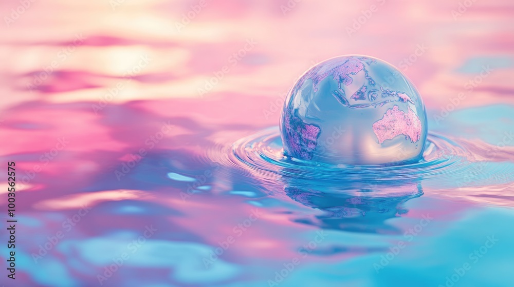Floating earth ball melts and drains against a pastel blue violet and pink iridescent background symbolizing global warming melting ice pollution and climate change