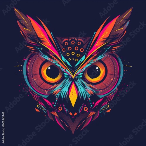 Owl head with minimalistic tribal designs in bright colors.