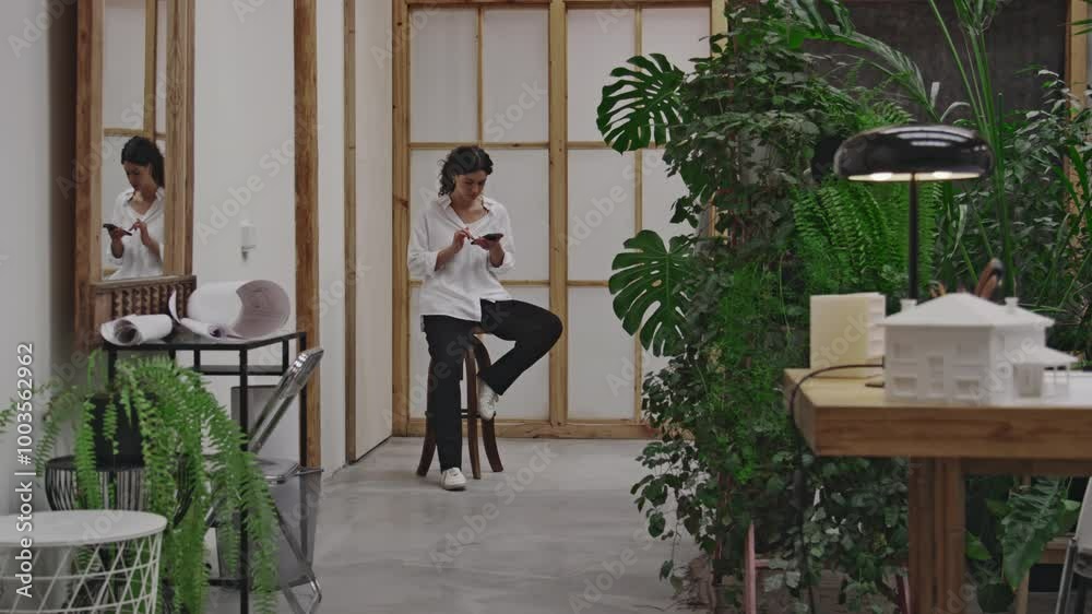 Wide shot of young female architect sitting on wooden chair in biophilic office, scrolling social media page on smartphone during break time