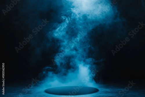 Blue smoke rising from a dark background with a spotlight casting a circular shadow on the floor.