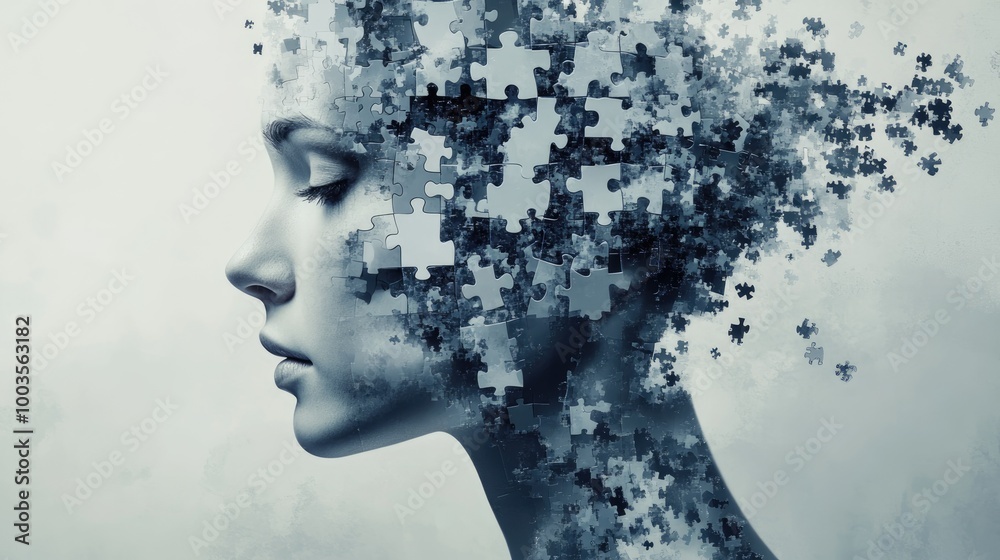 Fragmented woman s head composed of numerous puzzle pieces symbolizing mental disorder and chaos in consciousness reflecting the concept of self identity Fragmented woman s head composed of numerous puzzle pieces symbolizing mental disorder and chaos in consciousness reflecting the concept of self identity