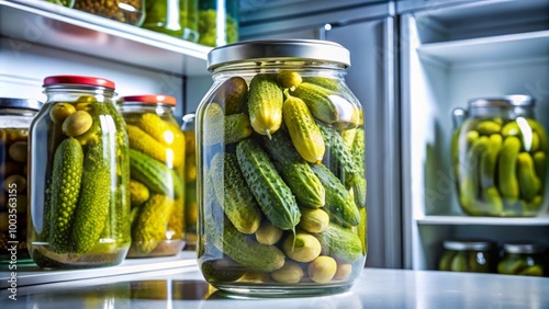 Zesty gherkins in a glass jar, perfectly preserved and chilled inside a sleek modern refrigerator, ideal for enhancing photo