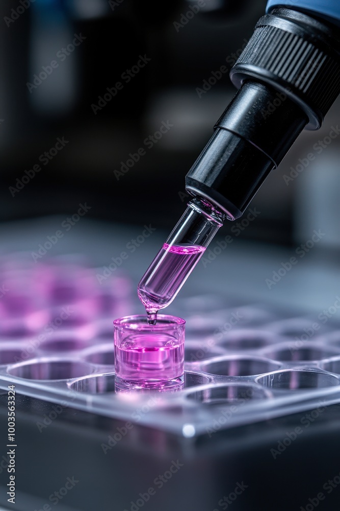 A close-up image of a pipette dispensing pink liquid into a clear container on a laboratory plate, ideal for use in scientific publications, educational materials, and research-related projects, A close-up image of a pipette dispensing pink liquid into a clear container on a laboratory plate, ideal for use in scientific publications, educational materials, and research-related projects,