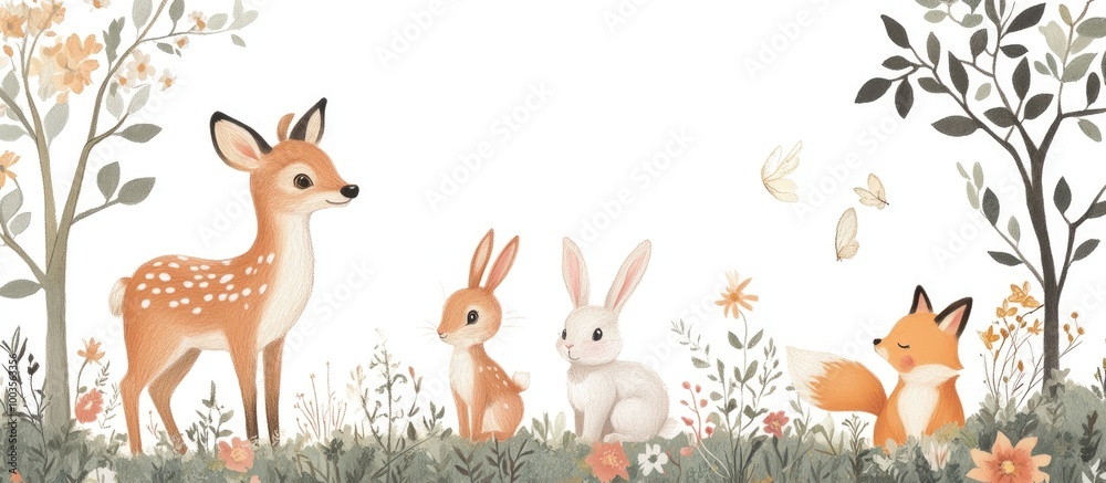 Naklejka premium Charming hand drawn illustration of adorable woodland animals including a deer fox and bunny set in a summer landscape perfect for wall art and children s room decor