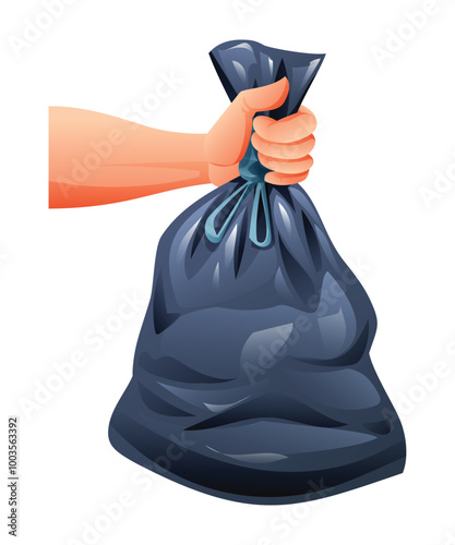 Hand holding a tied garbage bag on a white background. Vector cartoon illustration