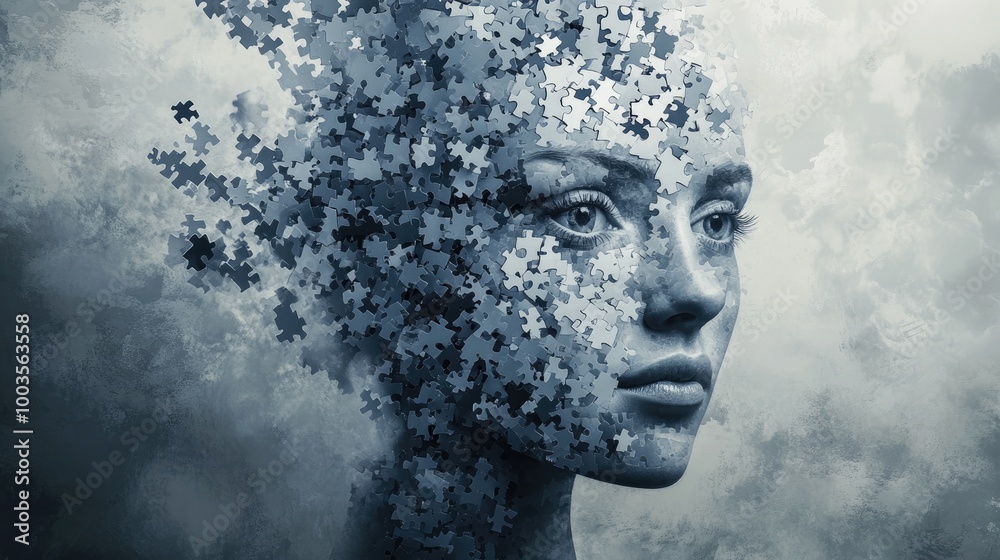 Fragmented woman s head composed of numerous puzzle pieces symbolizing mental disorder and chaos in consciousness reflecting the concept of self identity Fragmented woman s head composed of numerous puzzle pieces symbolizing mental disorder and chaos in consciousness reflecting the concept of self identity