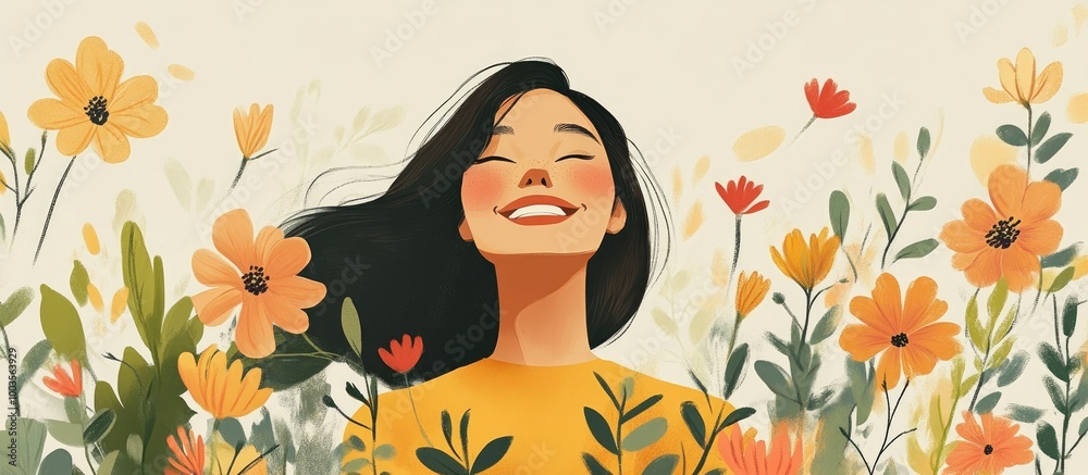 Joyful woman surrounded by flowers on a light background showcasing beauty and happiness Joyful woman surrounded by flowers on a light background showcasing beauty and happiness