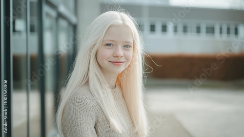 Teenage Polish Girl with Albinism Outdoors Portrait Design for Print or Card photo