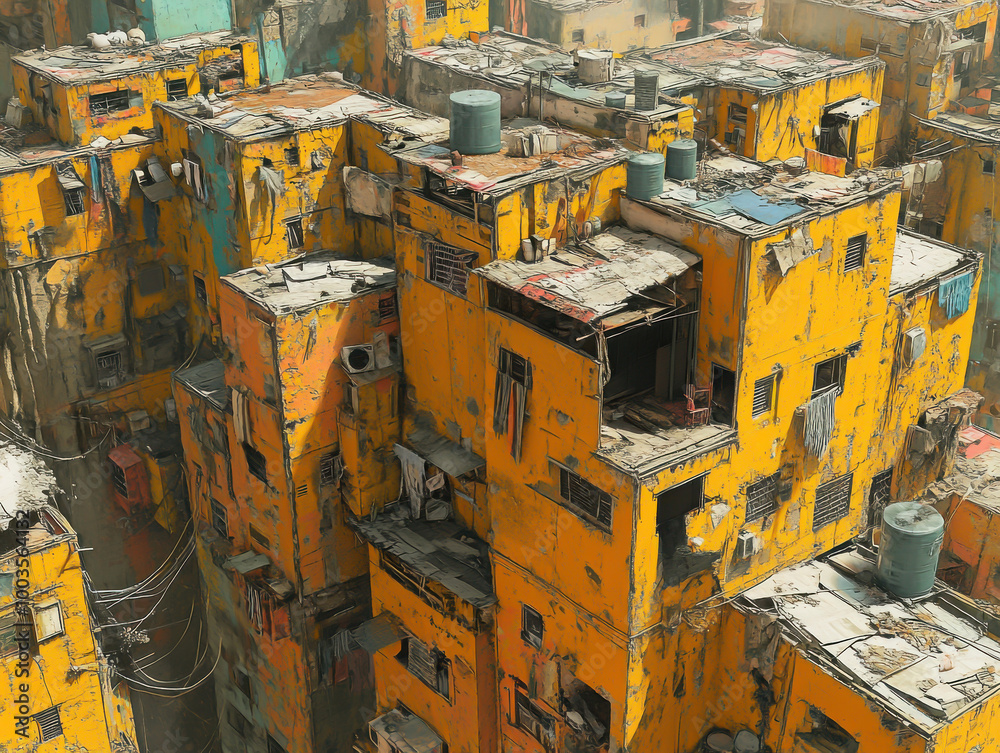 Aerial view of vibrant, densely packed buildings showcasing unique yellow architecture and urban lifestyle. Aerial view of vibrant, densely packed buildings showcasing unique yellow architecture and urban lifestyle.
