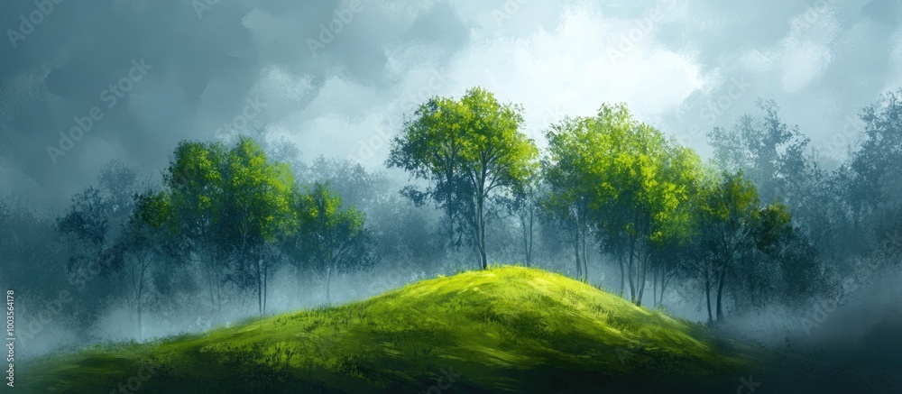 Painting of vibrant green trees on a grassy hill under a foggy sky in a cloudy forest
