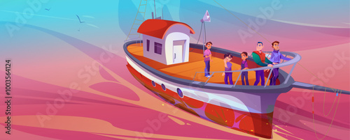 Men and teen kids tourists on fishing boat in sea or ocean on sunrise or sunset. Cartoon vector family or friends trip along river on fisher ship. Passengers traveling on yacht.