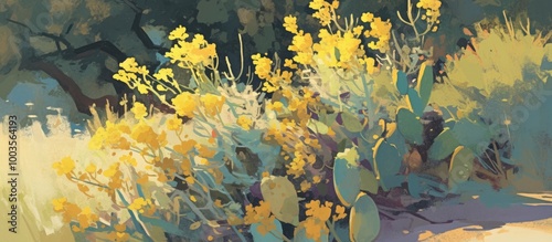 Painting of vibrant yellow brittle bush flowers alongside the slender sotol plant shimmering in the early spring sunlight photo