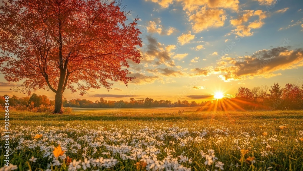 Obraz premium Golden sunset over a field of white wildflowers with a large tree in the foreground.
