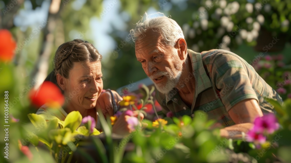 Elderly Couple Enjoying Gardening Together in Sunny Garden Elderly Couple Enjoying Gardening Together in Sunny Garden