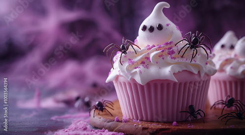 Cakes with webs and spiders for Halloween, created with Generative AI technology.