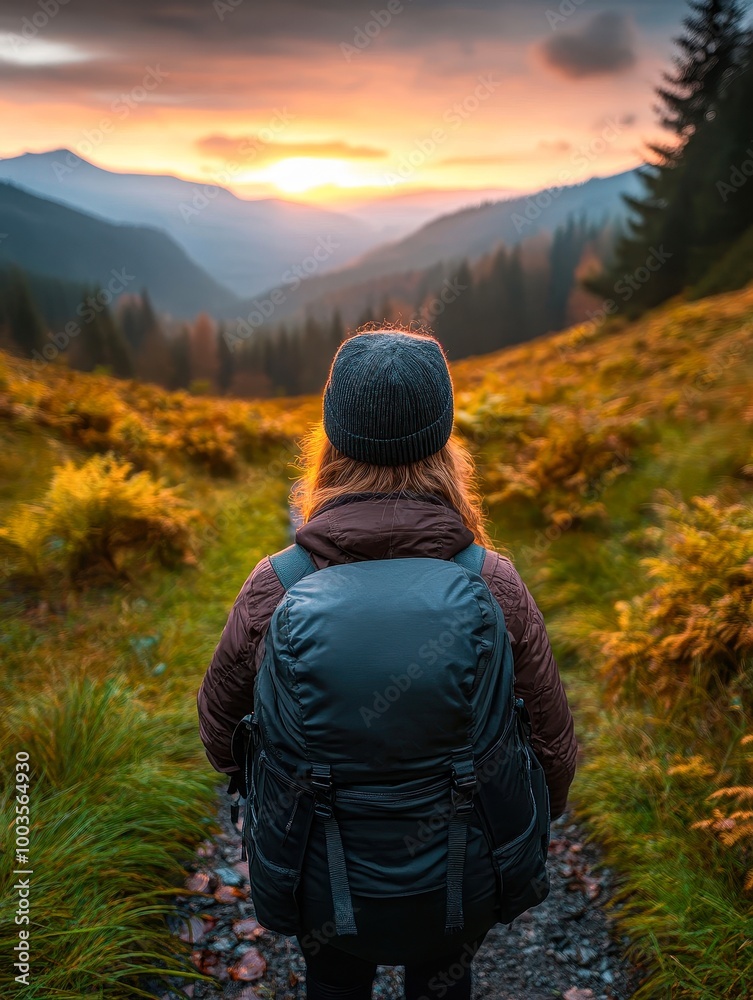 A traveler enjoys a breathtaking sunset view over a mountain landscape, surrounded by lush greenery, This image is ideal for outdoor adventure, travel blogs, or promoting hiking gear and tourism, A traveler enjoys a breathtaking sunset view over a mountain landscape, surrounded by lush greenery, This image is ideal for outdoor adventure, travel blogs, or promoting hiking gear and tourism,