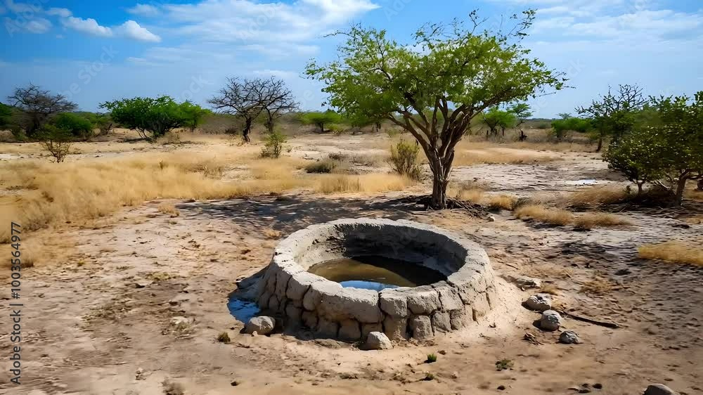 An ancient stone well surrounded by dry grass and sparse trees under a bright blue sky evokes a sense of arid landscapes and survival in nature