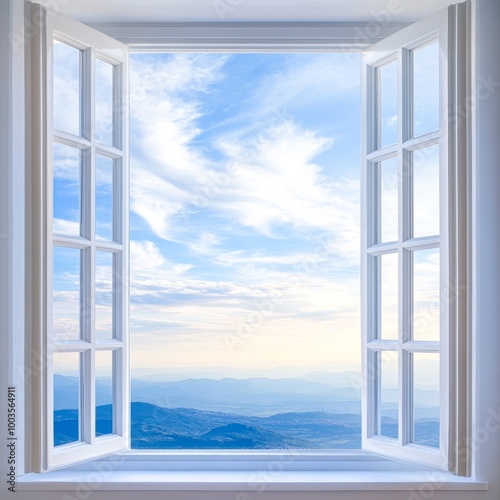 A scenic view through open windows frames a breathtaking landscape of mountains and blue skies, perfect for themes of freedom, serenity, or nature in indoor settings, Ideal for travel, wellness