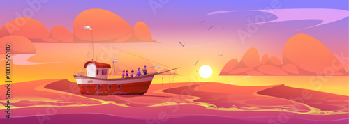 Fish ship and sunset sky in sea vector background. Commercial trawler catching food in ocean water. Pink and orange seascape for nautical game illustration. Kids with father in fishing adventure